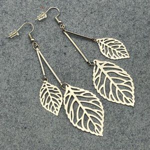 Dangle Pierced Earrings Double Filigree Leaf Silver Cut Away Large Small Boho